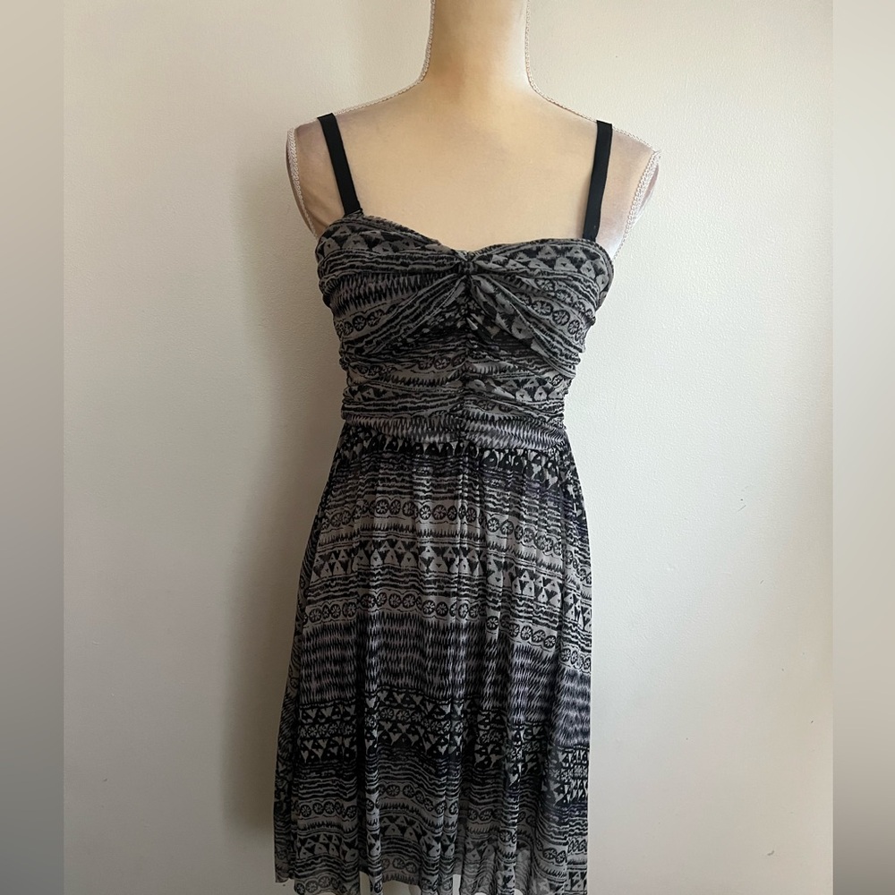 Free People Black White Geometric Tribal Mesh Ruched Mini Dress Womens Medium - Picture 2 of 10